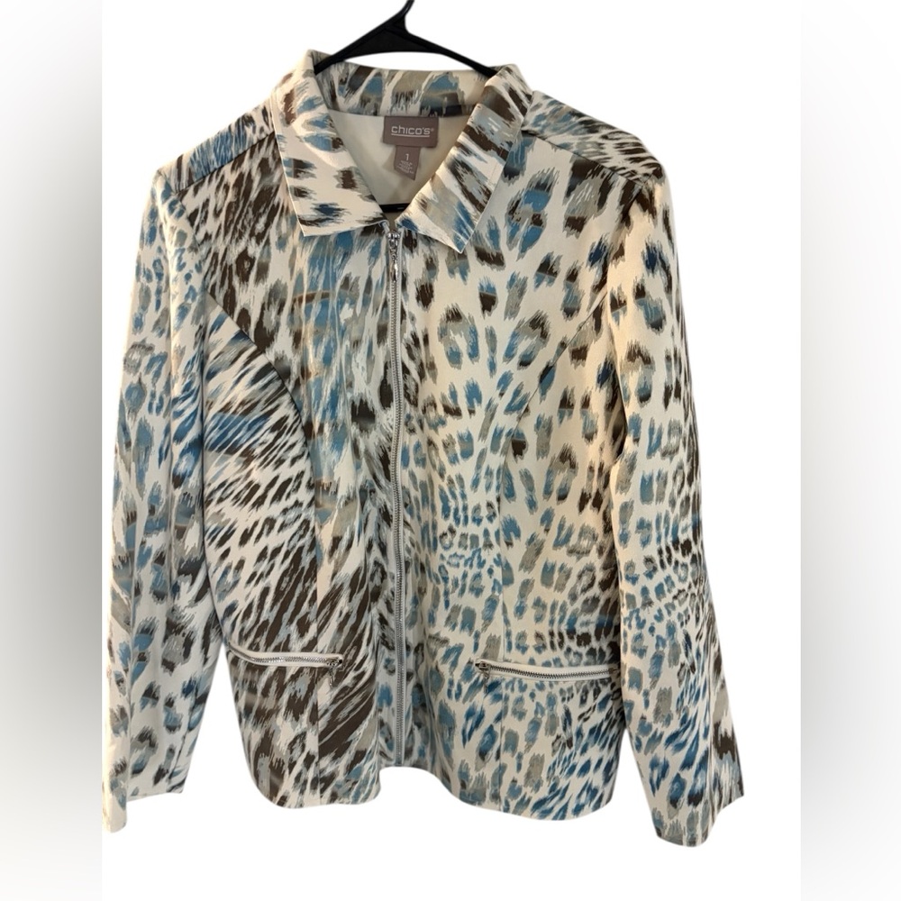 Chico's Blue and Brown Bomber Jacket with Animal Print